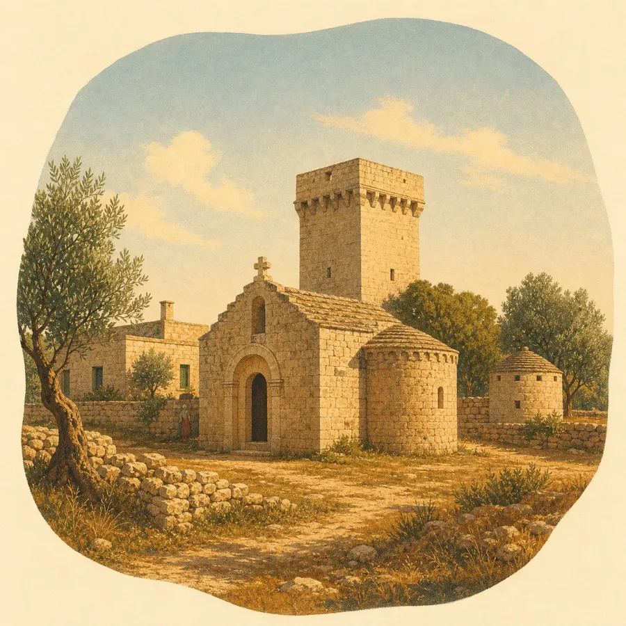 The chapel's relationship with the tower, farm and olive-oil landscape