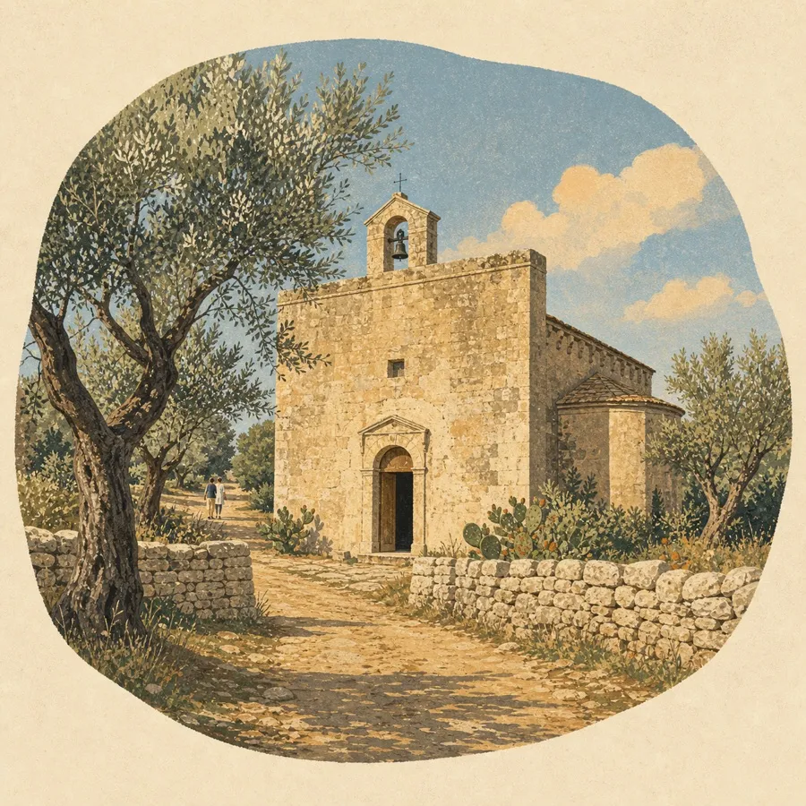 The painted apse, simple stone façade and surrounding olive landscape