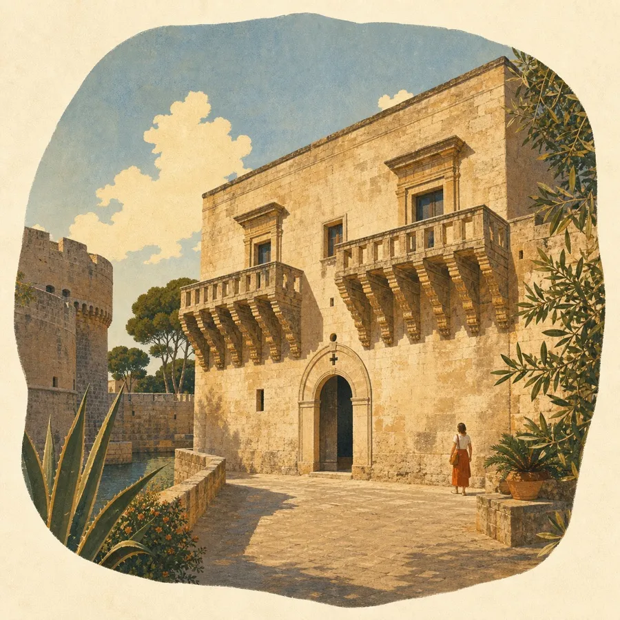 The defensive massing, courtyard inscription and heavy stone balconies