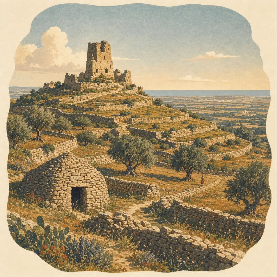 The layered stone landscape and the ruined lookout on the ridge